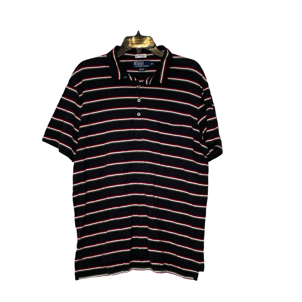 Polo Ralph Lauren Mens Golf Shirt Size‎ XL Navy With Green White Stripes Cotton
